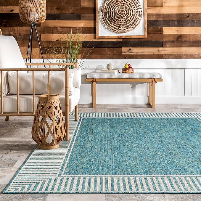 Nuloom Asha Teal/Ivory, 8' x 10', Casual, Striped Border, Soft and Cozy, High Traffic, Stain Resistant, Easy Clean, Durable Area Rug for Indoor/Outdoor Patio, Deck, Porch, Garden, Courtyard