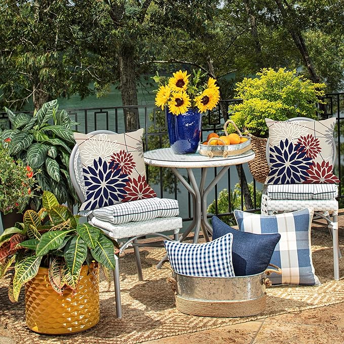 DFXSZ 4th of July Pillow Covers 18x18 Inch Set of 2 Patriotic Blue Red Floral Outdoor Waterproof Decorative Throw Pillows Polyester Cushion Case Decor for Patio Funiture Garden Couch 01H18