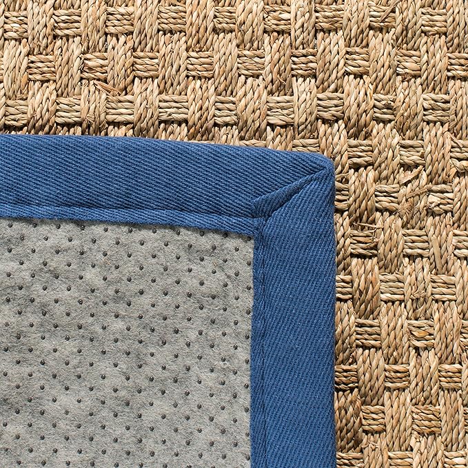SAFAVIEH Area Rug 4' Square - Natural Fiber Collection - Natural & Navy, Seagrass, Basketweave Pattern with Border (NF114T)