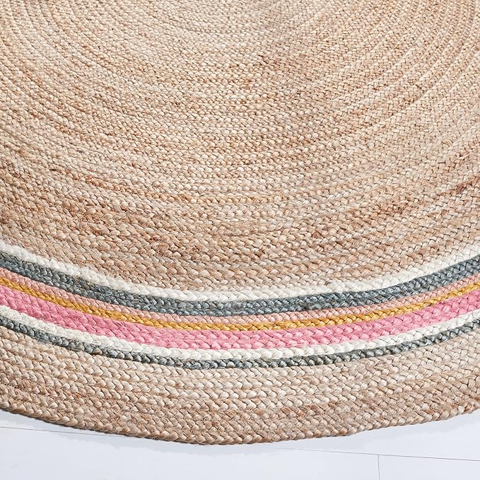 SAFAVIEH Natural Fiber Round Collection 3' Round Fuchsia / Beige NF806R Handmade Boho Charm Braided Jute Area Rug