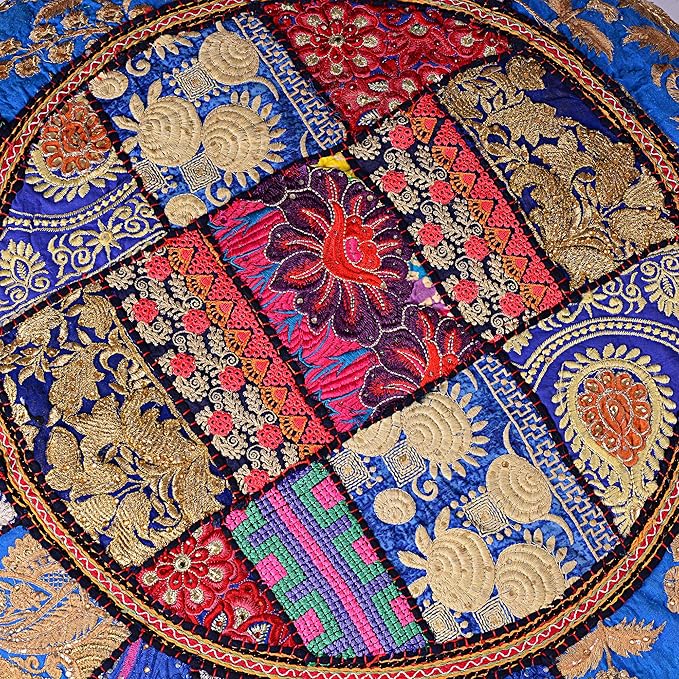 Rajasthani Handmade Colorful Decorative Floor Pillow Cover Meditation Patchwork Patchwork Cushion Seating Accent Boho Chic Indian Handmade Cover ONLY (Blue, 32X32 Inches)