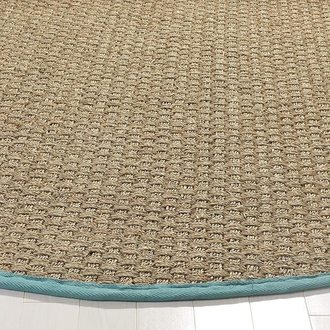 Safavieh Area Rug 4' Round - Natural Fiber Collection - Natural & Teal, Seagrass, Basketweave Pattern with Border (NF114R)