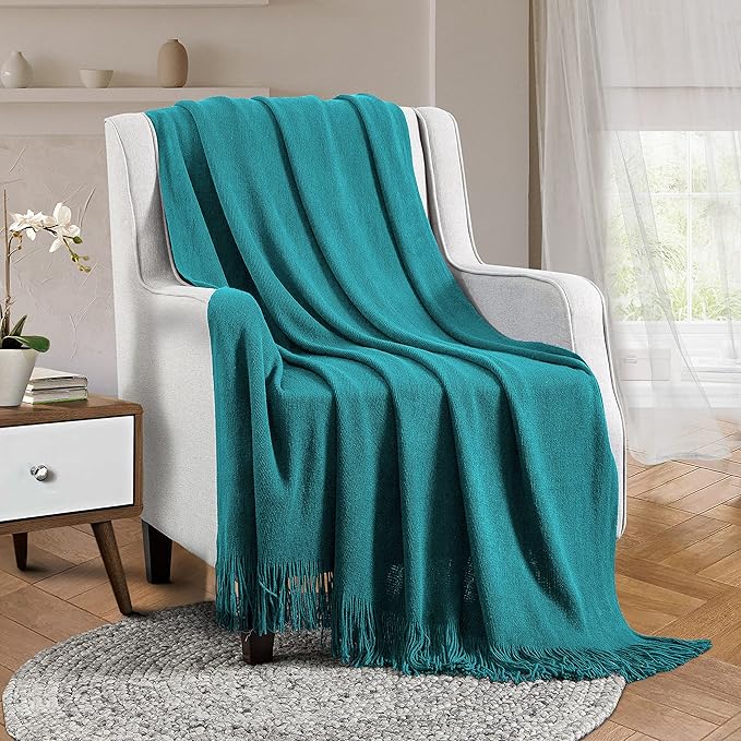 Vonty Teal Knitted Blanket with Tassels Fringe 50" x 60", Super Soft Knit Throw Blanket, Farmhouse Decorative Lightweight Blanket for Couch, Sofa, Bed
