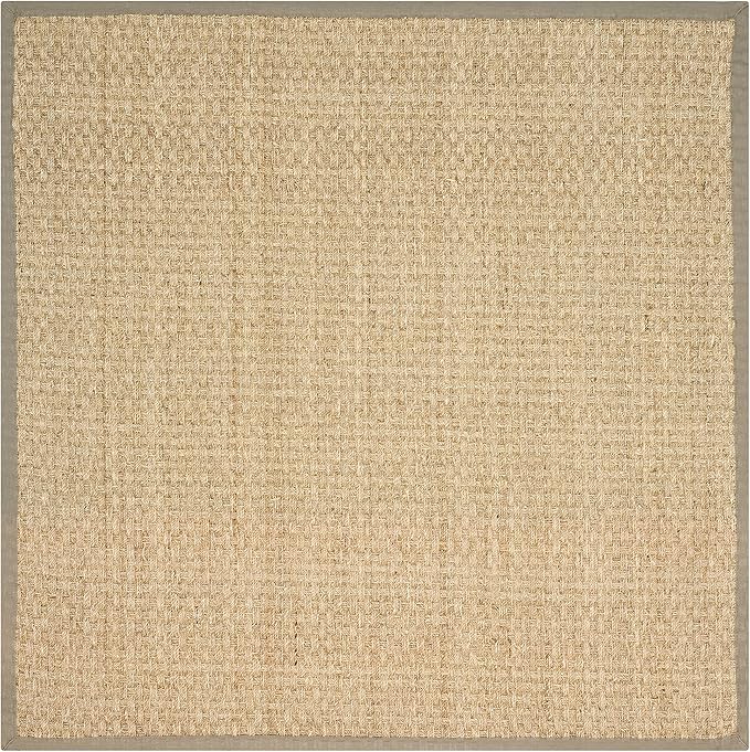 SAFAVIEH Area Rug 6' Square - Natural Fiber Collection - Natural & Olive Green, Seagrass, Basketweave Pattern with Border (NF114G)