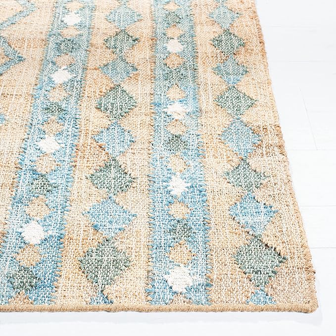 SAFAVIEH Kilim Collection Area Rug - 6' x 9', Natural & Blue, Flat Weave Jute Design, Ideal for High Traffic Areas in Living Room, Bedroom (KLM759M)
