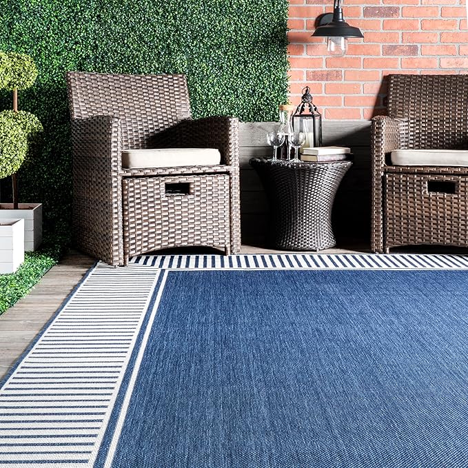 Nuloom Asha Navy/Ivory, 2' x 10', Casual, Striped Border, Soft and Cozy, High Traffic, Stain Resistant, Easy Clean, Durable Runner for Indoor/Outdoor Patio, Deck, Porch, Garden, Courtyard