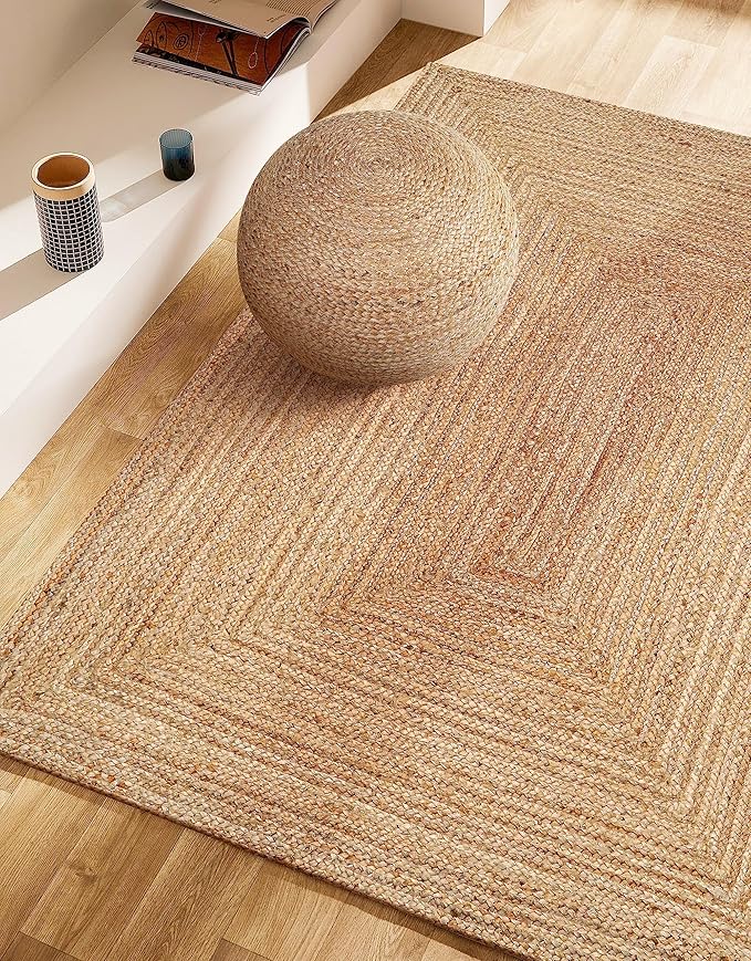 Hand Woven Farmhouse Jute Area Rug 6x9 Ft Rectuangle Natural Yarn, Rustic Vintage Beige Braided Reversible Rug, Eco Friendly Rugs for Bedroom, Kitchen, Living Room, Farmhouse 100% Jute Rug - Natural