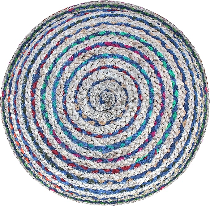 SIMPLIHOME Margo Round Pouf - 20 inch Wide Handwoven Jute and Cotton Braided Ottoman in Blue, Boho-Style Footstool or Extra Seating for Living Room or Bedroom with Polystyrene Bead Filling, Assembled