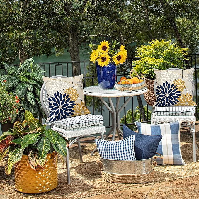 Outdoor Pillow Covers 18x18 Inch Set of 2 Navy Blue Yellow Outdoor Waterproof Decorative Throw Pillows Summer Spring Decor for Home Patio Funiture Garden Living Room Polyester Cushion Covers 01G18