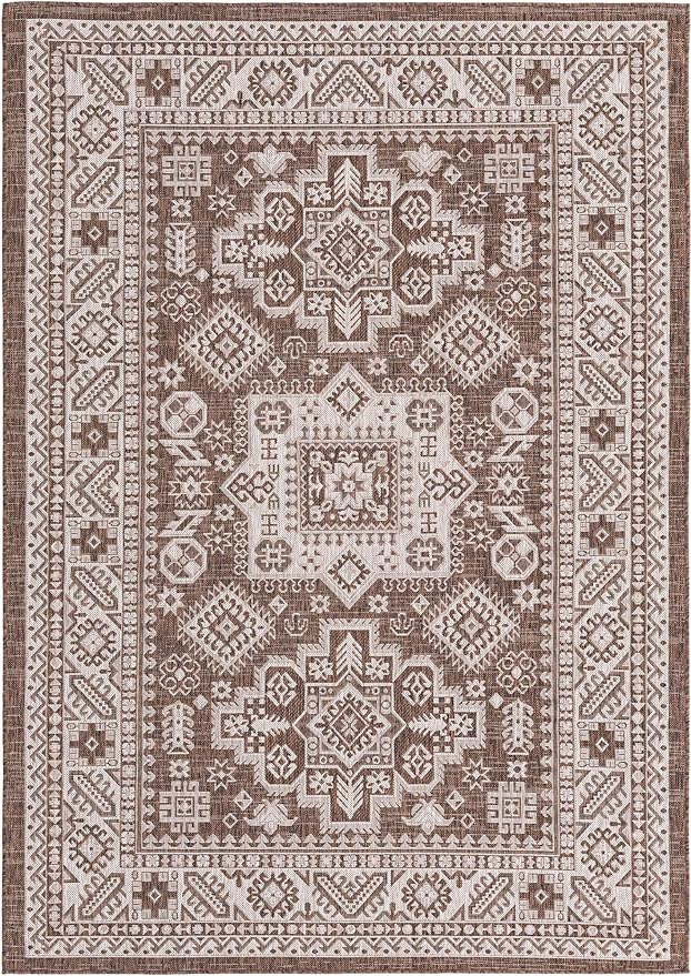 Rugs.com Outdoor Aztec Collection Rug – 6' x 9' Brown Flatweave Rug Perfect for Living Rooms, Large Dining Rooms, Open Floorplans
