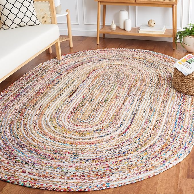 SAFAVIEH Area Rug 5x8 Oval - Cape Cod Collection - Beige & Multi, Handmade Jute & Cotton, Woven Braided Design (CAP202B)