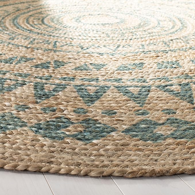 SAFAVIEH Natural Fiber Round Collection 4' Round Aqua NF802A Handmade Boho Mandala Braided Jute Area Rug