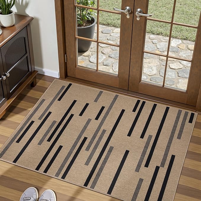 Tangsoo Stripe Easy Jute Rug,Ultra Thin 2x3 Outdoor Rug for Entryway,Non-Slip Washable Small Rug Modern Front Door Mat Non Shedding Throw Carpet for Kitchen Bedroom Porch Doorway
