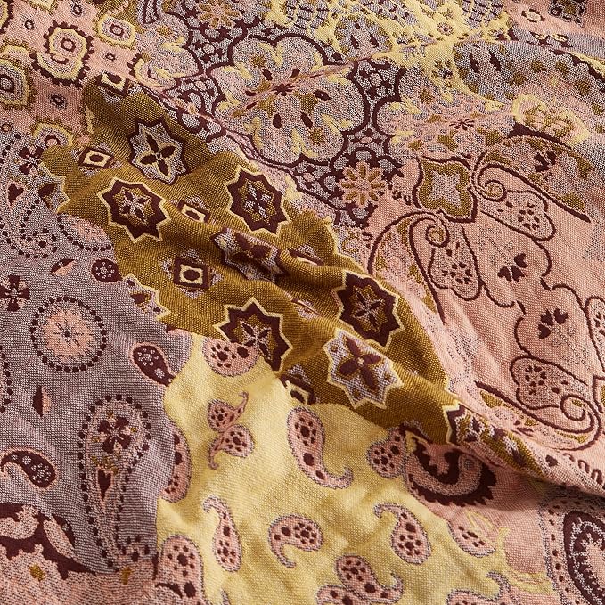 Boho Throw Blanket for Bed 90”x98”, 100% Cotton Woven Blanket for Couch Sofa, Ultra Soft 4-Layer Muslin Quilt with Floral Printed, Farmhouse Bed Blanket/Cover for Living Room Decor