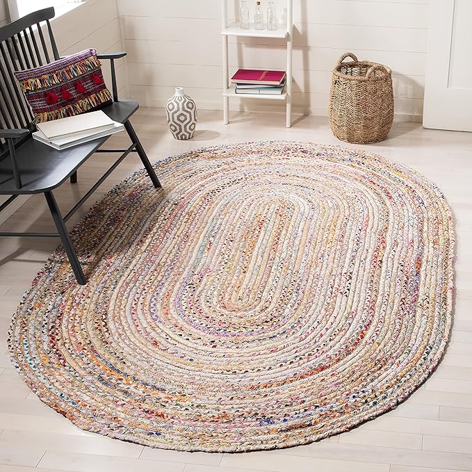 SAFAVIEH Area Rug 4x6 Oval - Cape Cod Collection - Beige & Multi, Handmade Jute & Cotton, Woven Braided Design (CAP202B)