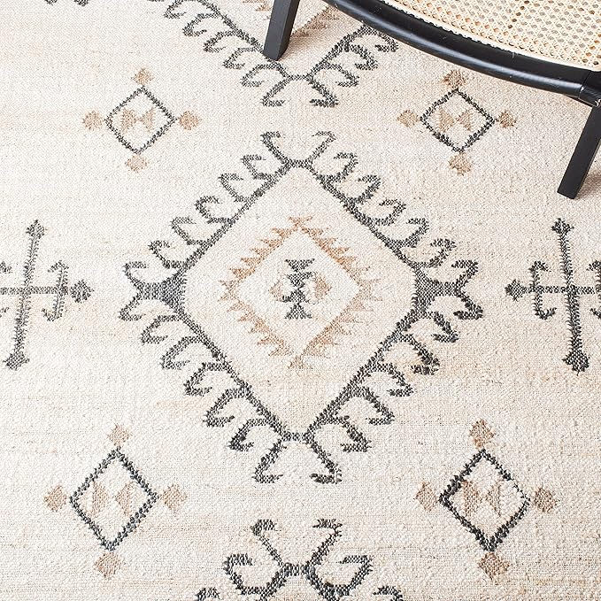 SAFAVIEH Kilim Collection Area Rug - 10' x 14', Ivory & Black, Handmade Flatweave Boho Tribal Jute, Ideal for Living Room, Bedroom, Dining Room (KLM762A-10)