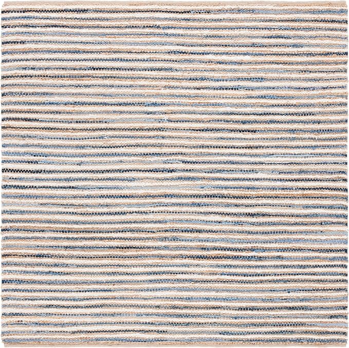 SAFAVIEH Cape Cod Collection Area Rug - 6' Square, Natural & Blue, Handmade, Braided Design, Ideal for The Living Room, Bedroom, Dining Room (CAP151M-6SQ)