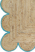 Scalloped Natural Jute Area Rug, Teal Trim, 2'6"x6'