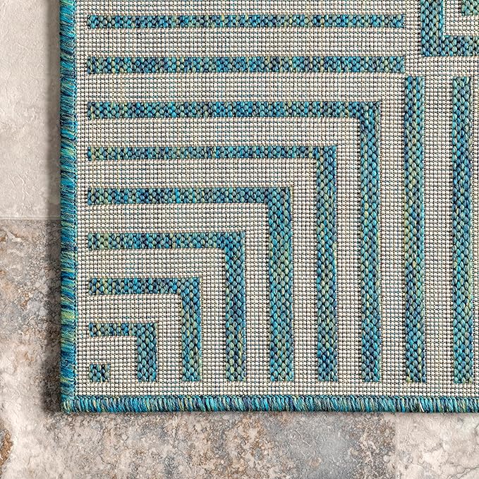 Nuloom Asha Teal/Ivory, 4' x 6', Casual, Striped Border, Soft and Cozy, High Traffic, Stain Resistant, Easy Clean, Durable Area Rug for Indoor/Outdoor Patio, Deck, Porch, Garden, Courtyard