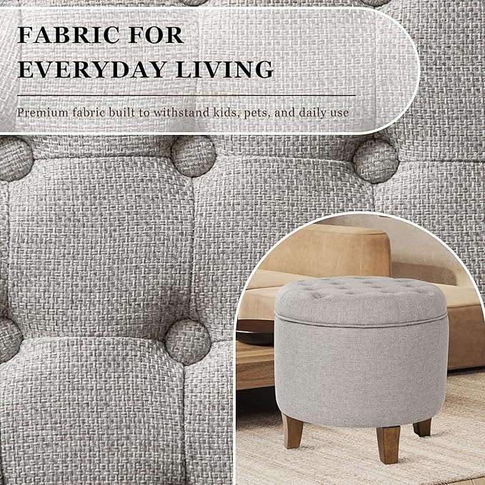 Homepop Home Decor | Upholstered Round Tufted Foot Rest Ottoman | Ottoman with Storage for Living Room & Bedroom | Decorative Home Furniture, Gray Fabric