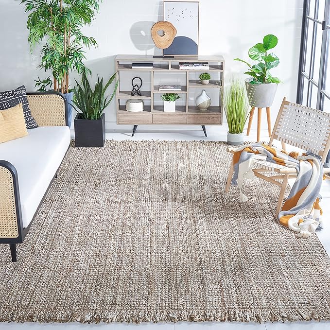 SAFAVIEH Natural Fiber Collection Area Rug - 10' x 14', Grey & Beige, Handmade Woven Fringe Jute, Ideal for High Traffic Areas in Living Room, Bedroom (NF825F)