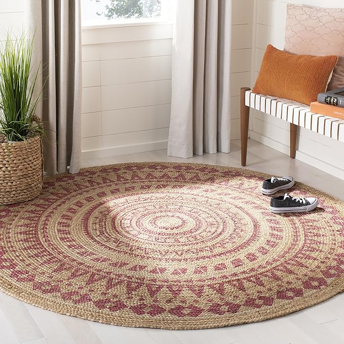SAFAVIEH Natural Fiber Round Collection 5' Round Pink NF802P Handmade Boho Mandala Braided Jute Area Rug