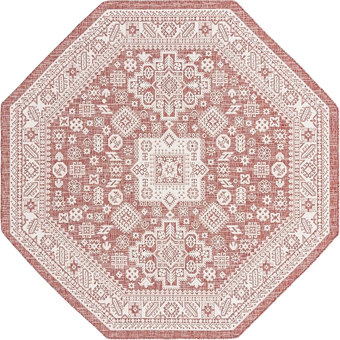 Rugs.com Outdoor Aztec Collection Rug – 8 Ft Octagon Rust Red Flatweave Rug Perfect for Living Rooms, Kitchens, Entryways