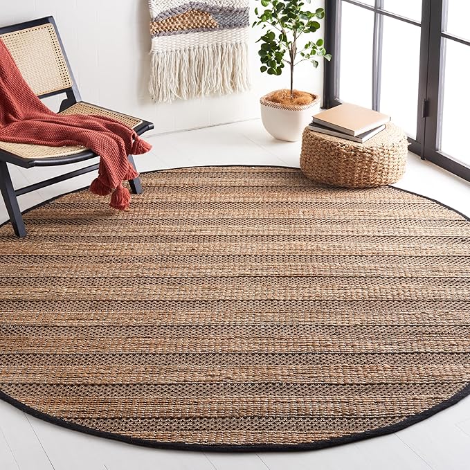 SAFAVIEH Natural Fiber Collection Area Rug - 7' Round, Black & Natural, Handmade Boho Farmhouse Rustic Jute & Cotton, Ideal for High Traffic Areas in Living Room, Bedroom (NFB654Z)