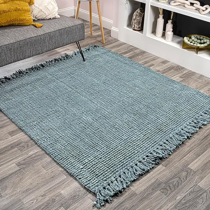 JONATHAN Y Handwoven Jute Fringe Light Blue/Gray 9x9 Square Indoor Area Rug, Pata, Bohemian, Rustic, Cottage, Easy-Cleaning for Living Room, Bedroom, Kitchen, Non-Shedding (NRF103B-9SQ)