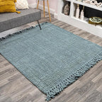 JONATHAN Y Handwoven Jute Fringe Light Blue/Gray 8x8 Square Indoor Area Rug, Pata, Bohemian, Rustic, Cottage, Easy-Cleaning for Living Room, Bedroom, Kitchen, Non-Shedding (NRF103B-8SQ)