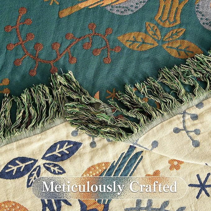 Boho Throw Blanket Throw Size, Soft Cozy Cotton Muslin Quilt Blanket for Bed Decor, Bird Patterned Couch Sofa Chair Cover, Vintage Farmhouse Cottage Tapestry Woven Blanket, Green&Beige