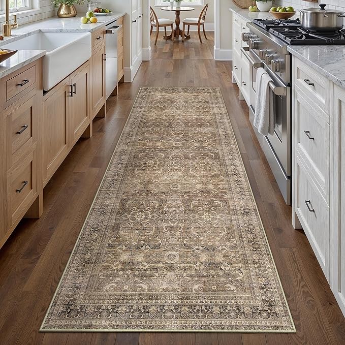 HUGEAR 2x12 Runner Rug Hallway Vintage Brown Machine Washable Retro Floral Low Pile Carpet Vacuumable Distressed Long Throw Rug Bedroom Office Bathroom Kitchen Laundry Non Slip Soft Lightweight