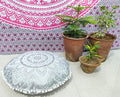 24" White Silver Flower Mandala Barmeri Large Floor Pillow Cover Cushion Meditation Seating Ottoman Throw Cover Hippie Decorative Zipped Bohemian Pouf Ottoman Pom Pom Cases 24 " round