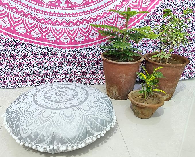24" White Silver Flower Mandala Barmeri Large Floor Pillow Cover Cushion Meditation Seating Ottoman Throw Cover Hippie Decorative Zipped Bohemian Pouf Ottoman Pom Pom Cases 24 " round