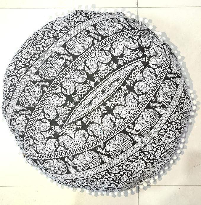 24" Black white Elephant Flower Mandala Barmeri Large Floor Pillow Cover Cushion Meditation Seating Ottoman Throw Cover Hippie Decorative Zipped Bohemian Pouf Ottoman Pom Pom Cases 24 " round