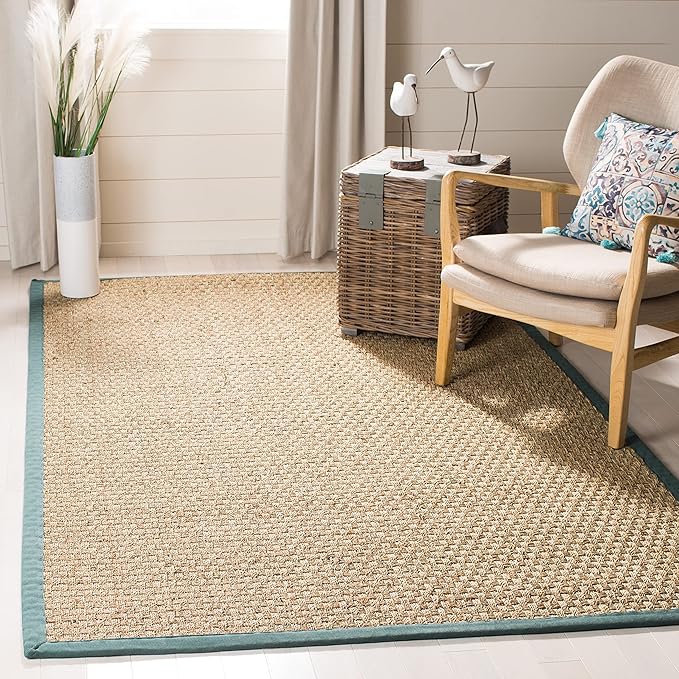 SAFAVIEH Area Rug 8' Square - Natural Fiber Collection - Natural & Light Blue, Seagrass, Basketweave Pattern with Border (NF114M)