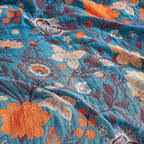 Boho Throw Blanket for Bed 60”x80”, 100% Cotton Woven Blanket for Couch Sofa, Ultra Soft 4-Layer Muslin Quilt with Floral Printed, Farmhouse Bed Blanket/Cover for Living Room Decor