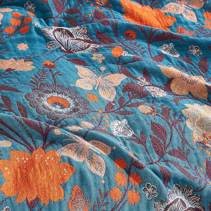 Boho Throw Blanket for Bed 60”x80”, 100% Cotton Woven Blanket for Couch Sofa, Ultra Soft 4-Layer Muslin Quilt with Floral Printed, Farmhouse Bed Blanket/Cover for Living Room Decor
