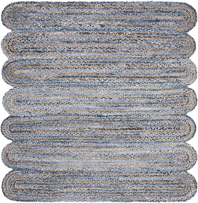 SAFAVIEH Cape Cod Collection Area Rug - 6' Square, Blue & Natural, Handmade Braided Jute & Cotton, Ideal for High Traffic Areas in Living Room, Bedroom (CAP208L)