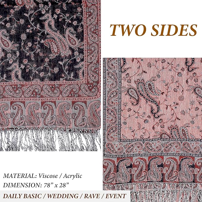 Achillea Reversible Paisley Pashmina Rave Scarf – Exotic Indian Shawls and Wraps for Evening Dresses, Festivals, All Seasons