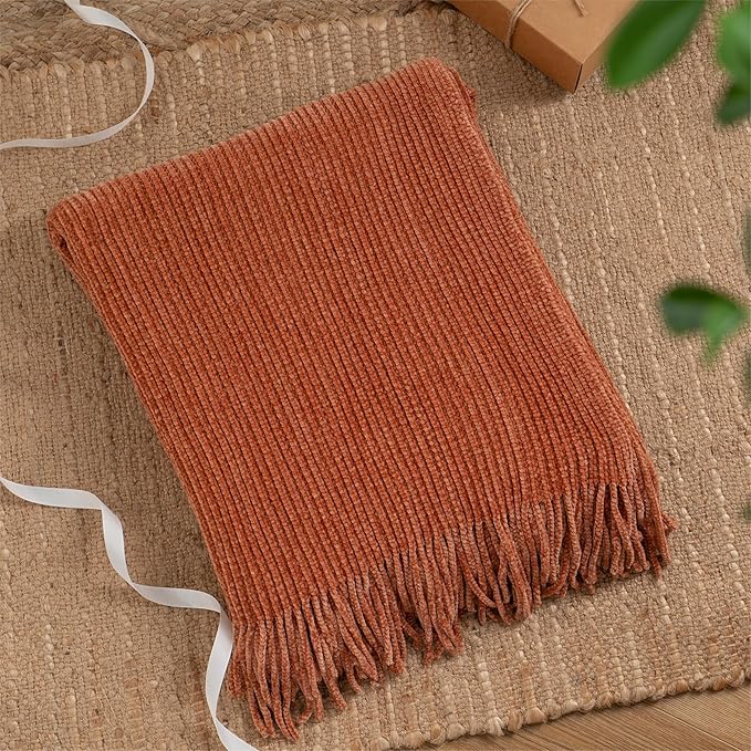 BATTILO HOME Rust Orange Throw Blanket for Couch, Soft Chenille Knit Throws with Tassels for Home Decor, Fall Caramel Throws for Couch Cover, 60"x80"