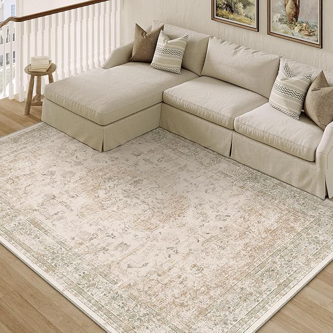 4x5 Washable Area Rug Beige Vintage Distressed Carpet for Office Oriental Soft Thin Indoor Retro Mat Non Slip Low Pile Floor Cover for Living Ding Room Bedroom Laundry