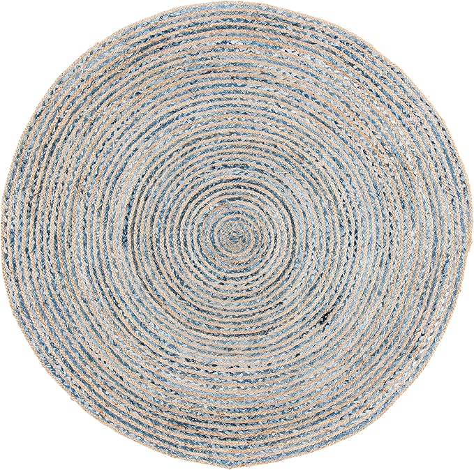 SAFAVIEH Cape Cod Collection Area Rug - 6' Round, Natural & Blue, Handmade Flat Weave Jute, Ideal for High Traffic Areas in Living Room, Bedroom (CAP250A)