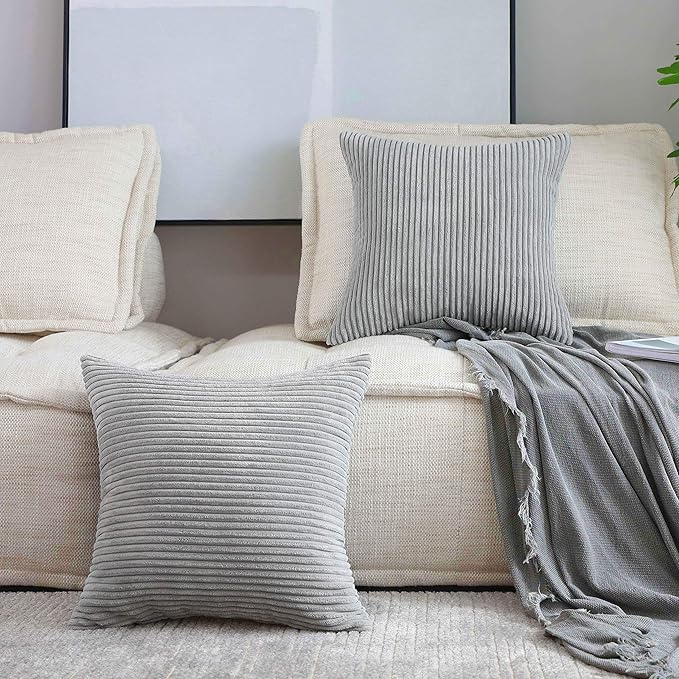 Home Brilliant Throw Pillow Covers 18 x 18 Set of 2 Striped Velvet Corduroy Gray Couch Pillow Covers Decorative Throw Pillow Covers for Couch Chair Bed, 18x18 inch, Light Grey