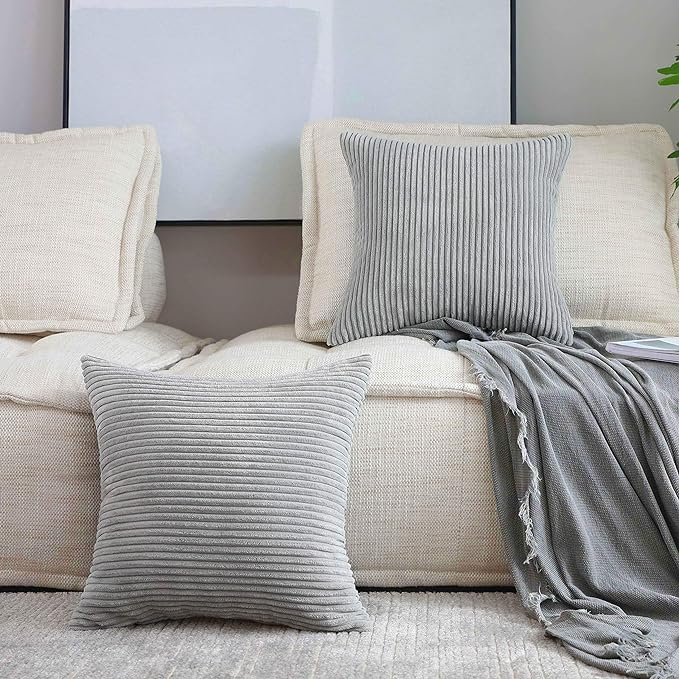 Home Brilliant Pillow Covers 22x22 2 Packs Throw Pillows Covers Striped Velvet Sofa Pillows Decorative Sets Holiday Decor, 55cm, 22 x 22 Inch, Light Grey