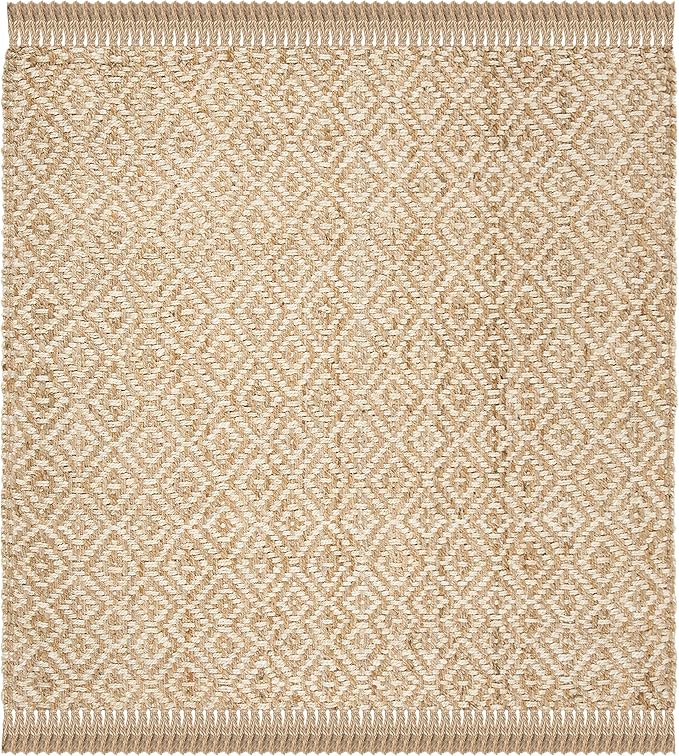 SAFAVIEH Natural Fiber Collection Area Rug - 6' Square, Ivory & Natural, Handmade Boho Diamond Tassel Jute, Ideal for High Traffic Areas in Living Room, Bedroom (NF266A)