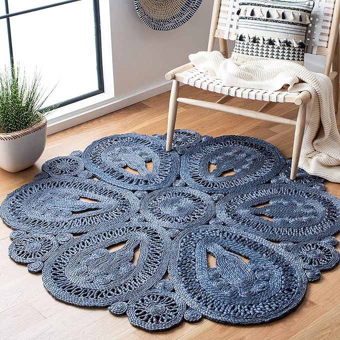 SAFAVIEH Area Rug 10' Round - Natural Fiber Collection - Large - Navy, Handmade Jute, Decorative Boho Floral Design (NF360N)