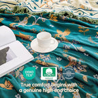 Boho 100% Cotton Large Throw Blanket - All Season Rustic Ultra Soft Breathable Floral Bird Blanket for Bed Sofa Couch Chair Bedspread Quilt Gift, 80" x 90"-Teal/Beige