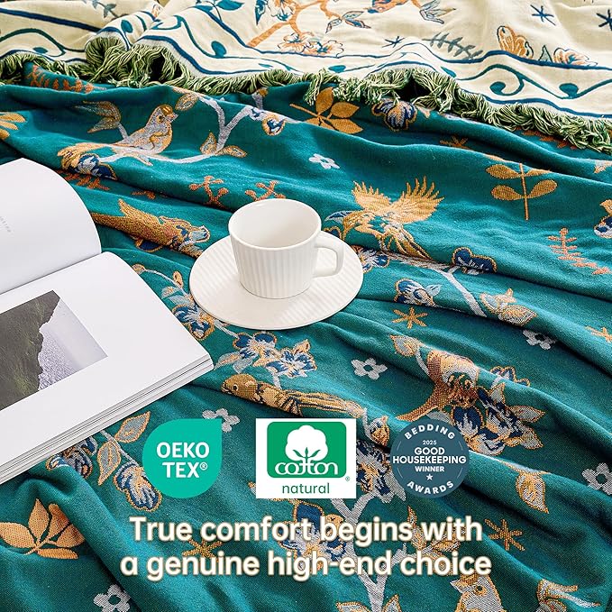 Boho 100% Cotton Large Throw Blanket - All Season Rustic Ultra Soft Breathable Floral Bird Blanket for Bed Sofa Couch Chair Bedspread Quilt Gift, 80" x 90"-Teal/Beige