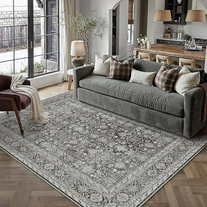 Vintage Area Rug 5x7 Black Washable Living Room Large Carpet Non Slip Bedroom Indoor Office Low Pile Traditional Distressed Retro Accent Rug for Dining Room Bathroom Kitchen